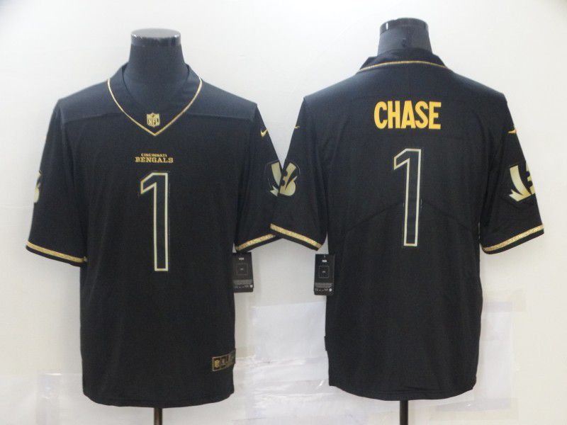 Men Cincinnati Bengals #1 Chase Black Retro Gold Lettering 2021 Nike NFL Jersey